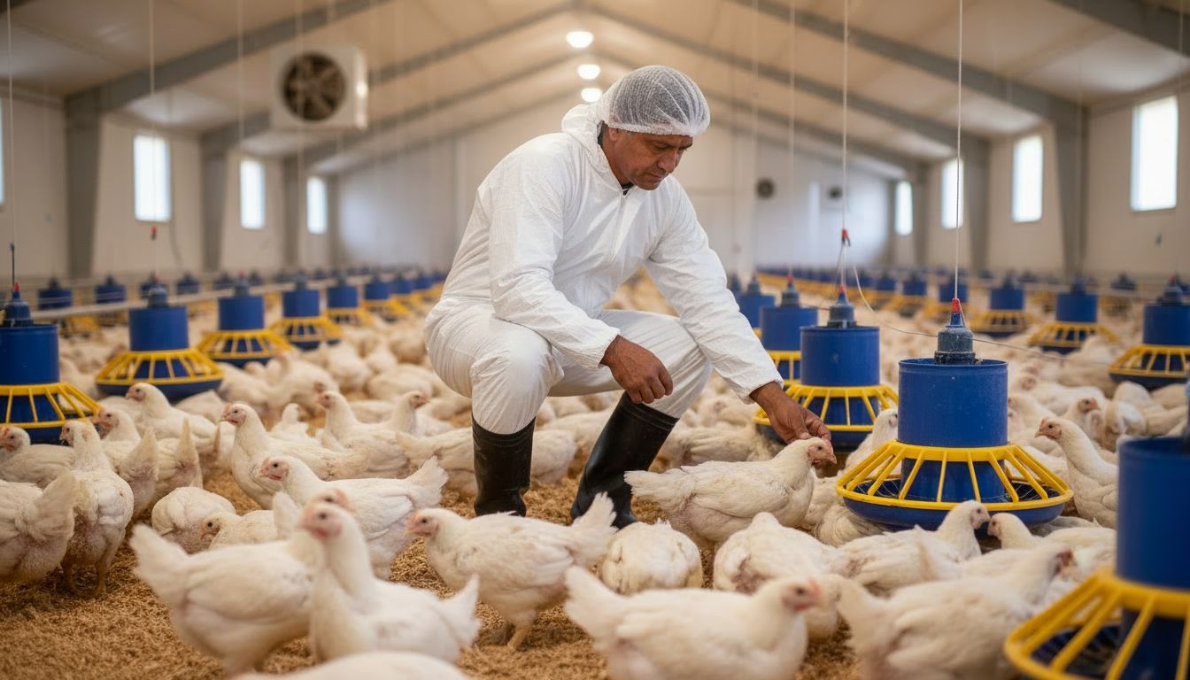 Técnico avaliando aves em um aviário moderno